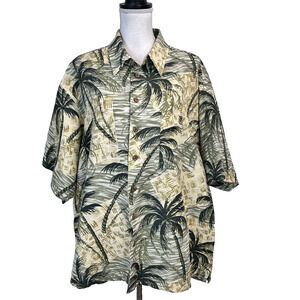 Caribbean Joe Camp Shirt Adult XXL 2X Green Silk Palm Trees Hawaii Tropical